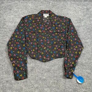 Vintage Banjo Dallas TX Geometric Print Cropped Western Shirt Black Large USA